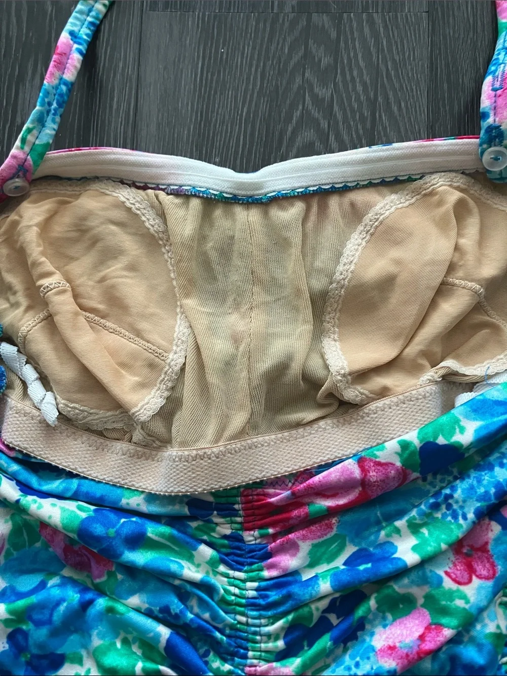 Vintage 80s Bright Blue & Pink Watercolor Floral One Piece Swimsuit